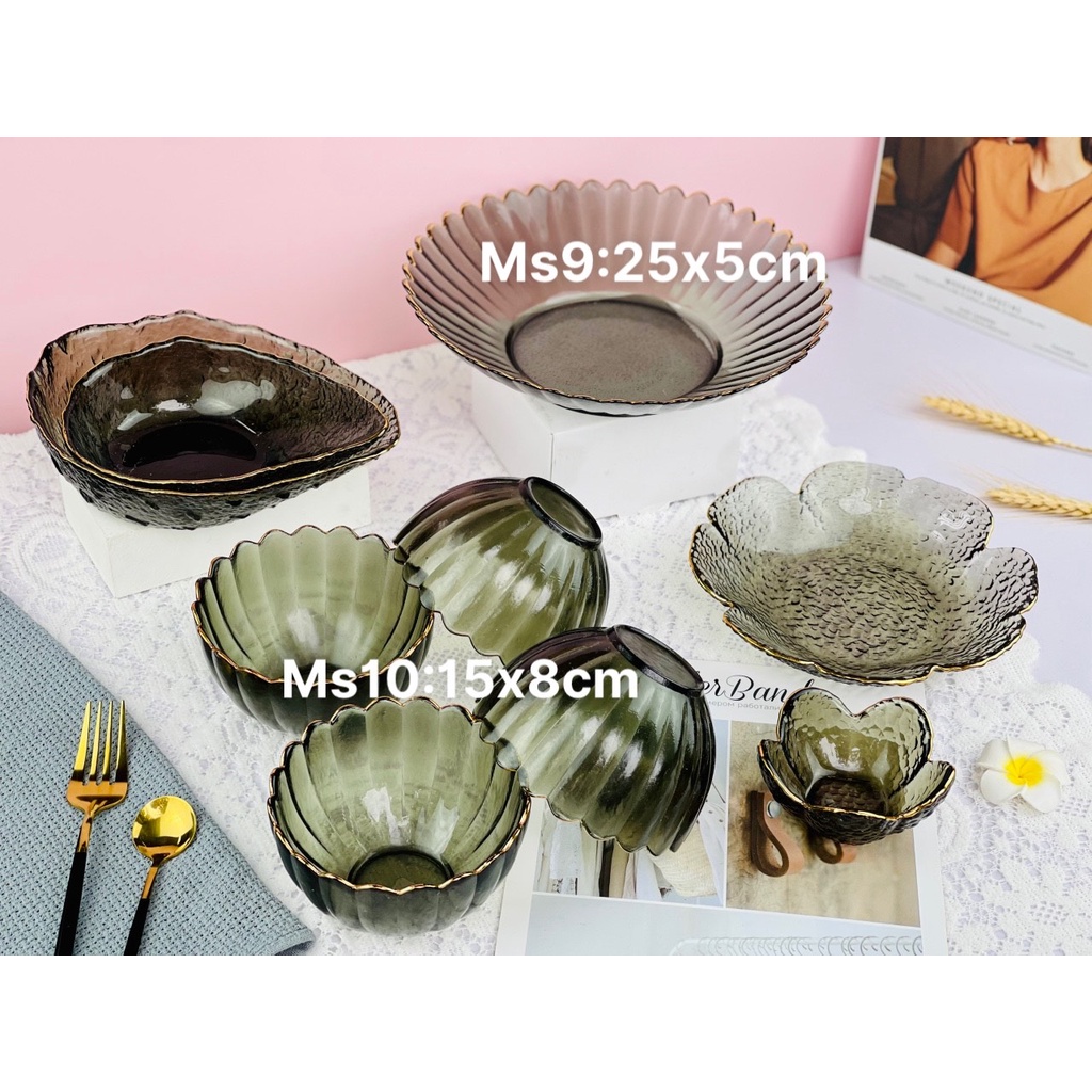 Bộ bát đĩa,chén dĩa ăn cơm,Bộ đồ ăn Thủy tinh viền vàng Màu Đen decor cao cấp