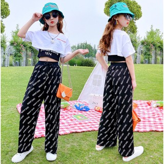 Set bộ 2 áo croptop quần ống rộng bé gái size đại 26 đến 45kg M034