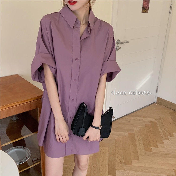 Happy-store  Áo Sơ Mi Tay Ngắn Rộng Màu Sắc Đơn Giản Thời Trang Cho trắng nữ