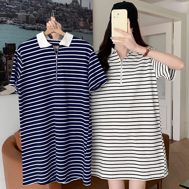 Đầm thun polo IELGY tay ngắn dáng rộng họa tiết kẻ sọc thời trang xinh xắn cho nữ