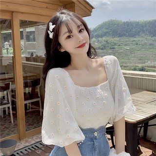 Áo voan hoa cúc cổ vuông tay phồng tiểu thư Ulzzang Mới (Ảnh thật cuối)