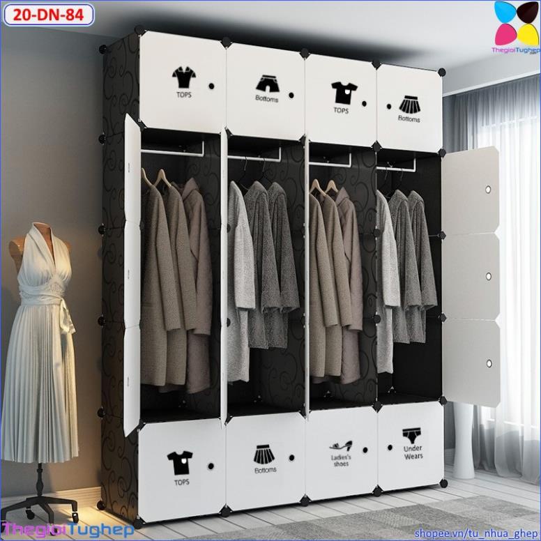 Tủ nhựa ghép 20 ô để quần áo đa năng sâu 47cm có kèm thêm thanh treo