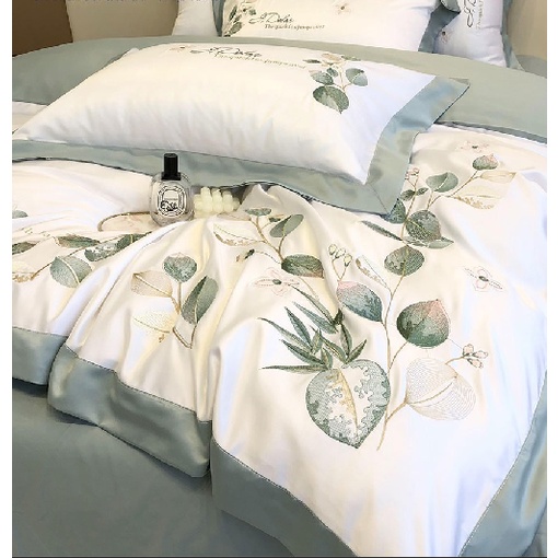 Bộ Chăn Ga Gối Đệm Phi Lụa Tencel Silk Green Lead Home Drap Giường Phi Bóng Cao Cấp Bo Chun Dra