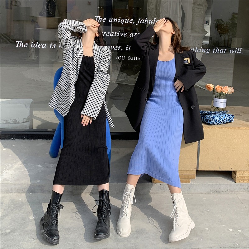 【Ready Stock】 Mikiko Women's Fashion ~ 2021 New version of Korea Temperament Collar Slim Thin Knitting Dress Vest Dress Female Dress Dress Female Dress Female Long Dress Skirt Sexy Retro Leopard Skirt Mini Korean Maxi Fashion Skirt