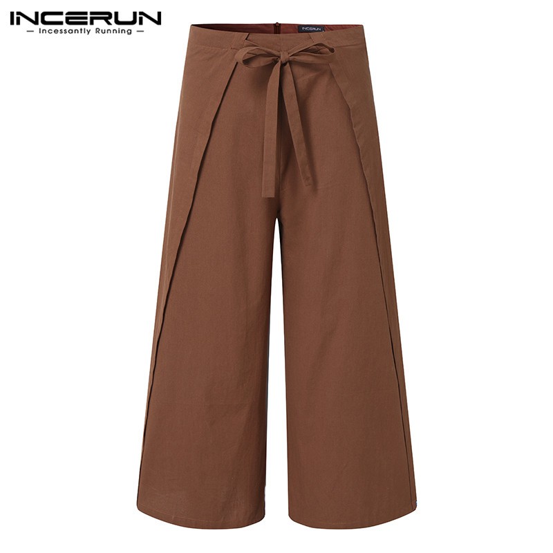 Quần INCERUN Bằng Cotton Lưng Cao Ống Rộng Màu Trơn Tập Yoga Cho Nam