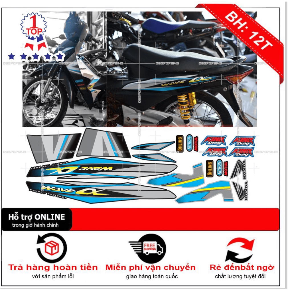 ( Quí khách vui lòng mang ra tiệm cho thợ dán ) Tem wave a 2016 xanh đen