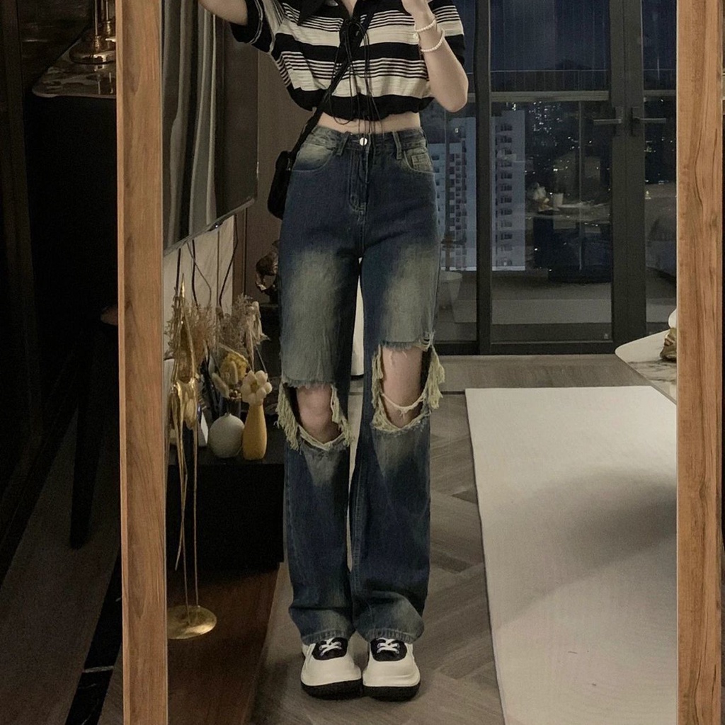 Quần Jeans Nữ Lưng Cao Dáng Rộng Rách Gối Cá Tính