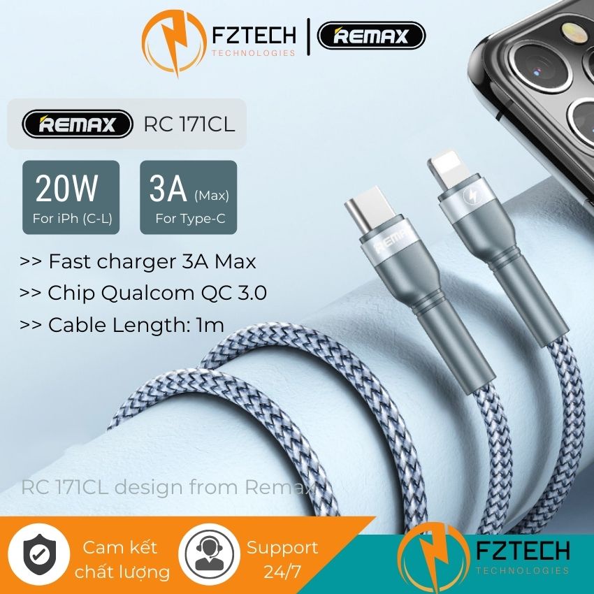 Dây Sạc Nhanh Remax 171i FZTECHVN Cáp Sạc Nhanh Chính Hãng 1m Type C to Lightning Chuẩn PD 20W Cho iP 8 Đến 13 Pro Max