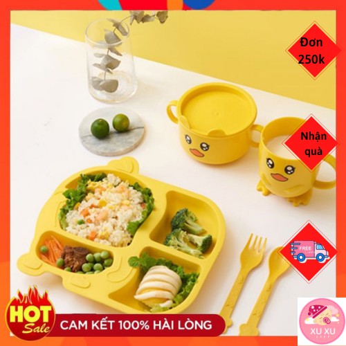 Khay ăn dặm kiểu nhật hình gà vàng ngộ nghĩnh đáng yêu an toàn cao cấp Khay chia cơm cho bé 5 Món