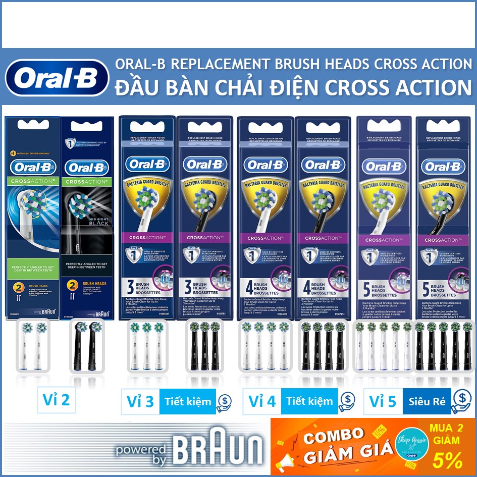 Đầu Bàn Chải Điện Oral-B Cross Action - Đầu Thay Thế CrossAction Với Lông Chải 16 Độ, Làm Sạch Sâu Kẻ Răng, Set 2/3/4/5