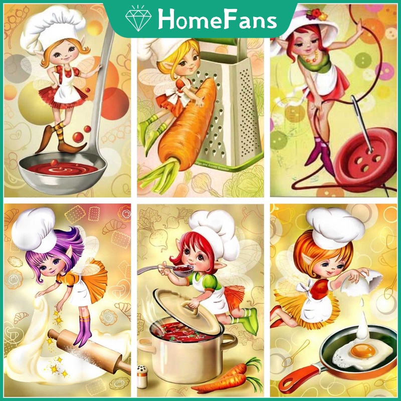 Bộ Tranh Đính Đá 5D Họa Tiết Cô Gái &amp; Đầu Bếp Hoạt Hình Độc Đáo DIY Dùng Trang Trí Nhà Cửa
