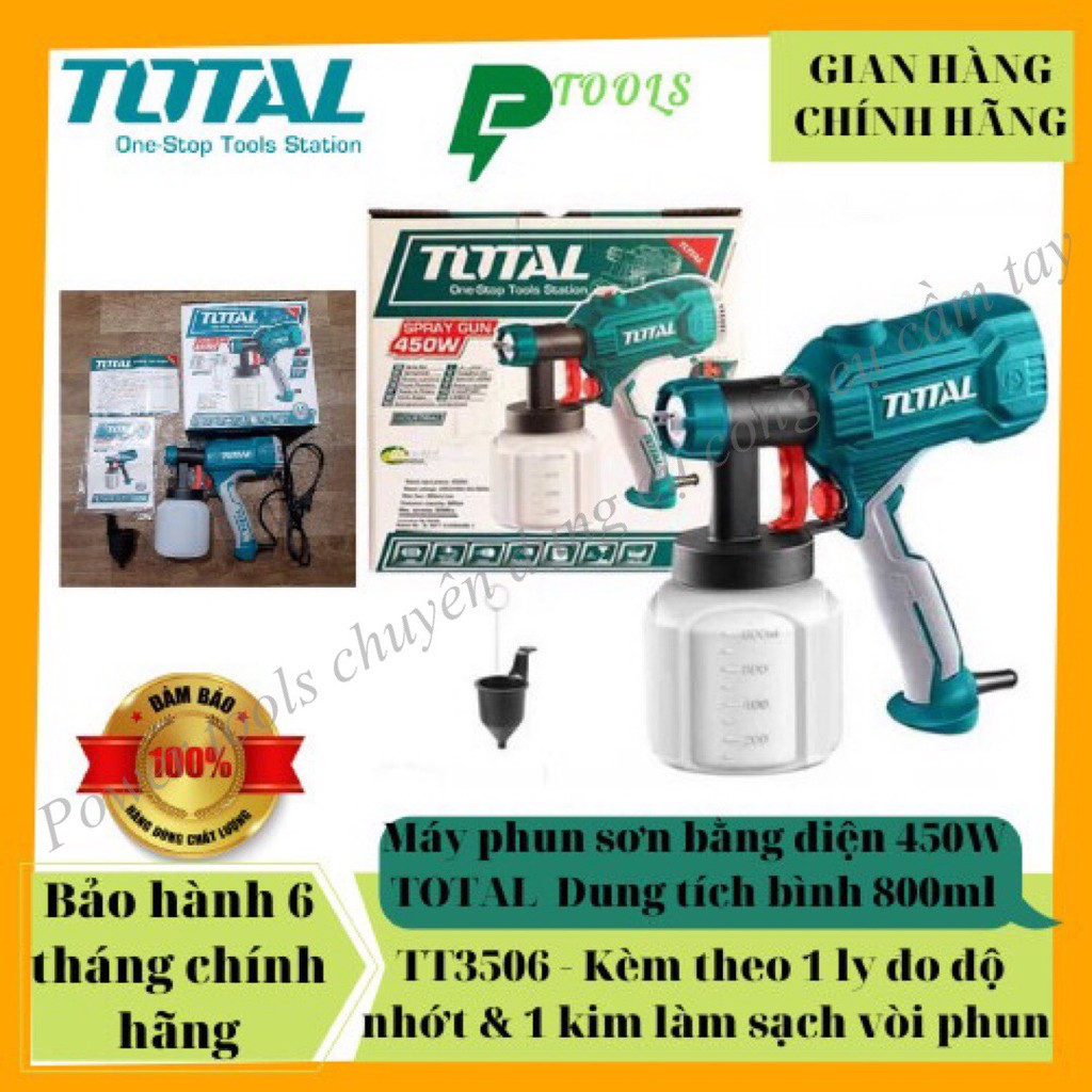 Máy phun sơn dùng điện TOTAL TT3506 súng phun sơn 220-240V~50/60Hz, Công suất 450W, 380ml / phút, 800ml, 0.6 / 0.8mm