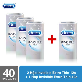 Bộ 3 hộp bao cao su Durex Invisible (10 bao/hộp, size 52mm) + Tặng 1 hộp cùng loại