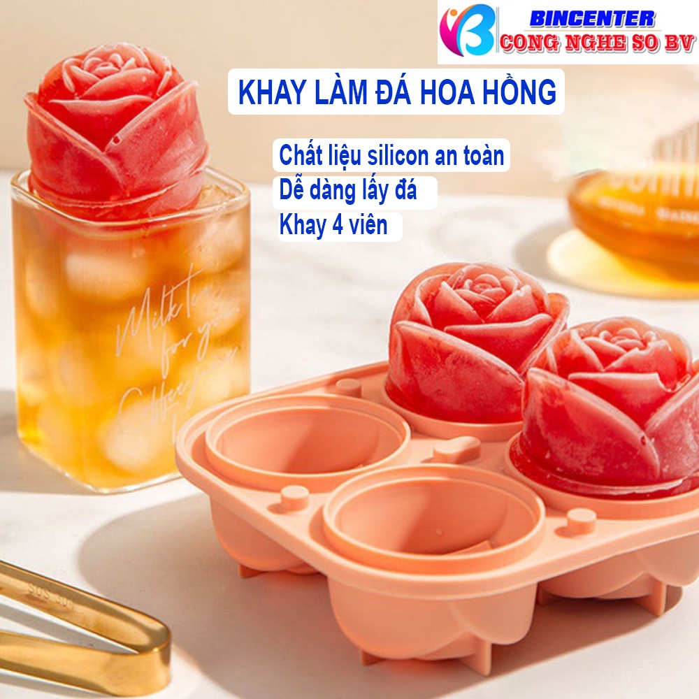Khay Làm Đá 4 Viên, Khuôn làm Đá Silicon Hình Hoa Hồng, Dễ Dàng Lấy Đá, Khay Làm Thạch Hoa Quả Có Nắp Đậy Tiện Dụng