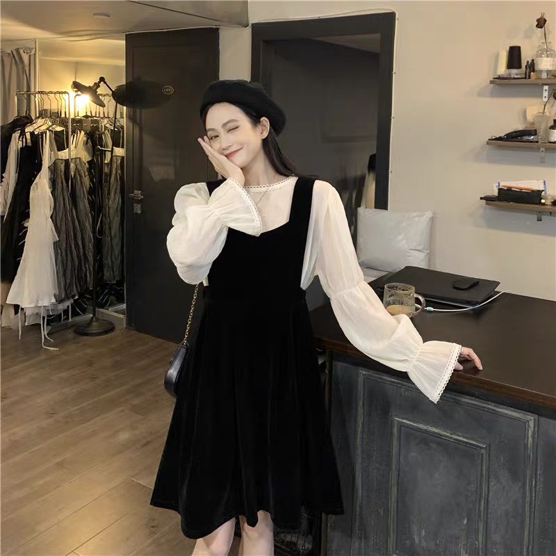 [Mã FAXANH245 giảm 10K đơn 50K] set đầm⚡Bán Lỗ⚡yếm nữ kèm áo sơ mi bèo trắng dài tay bồng tiểu thư babydoll [ S02] | BigBuy360 - bigbuy360.vn