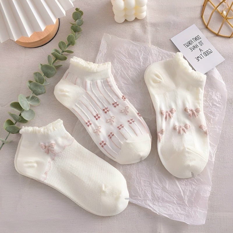 Set 5 Đôi Tất Vớ Màu Trắng Cổ Bèo Hoạ Tiết Hoa Nơ Thời Trang