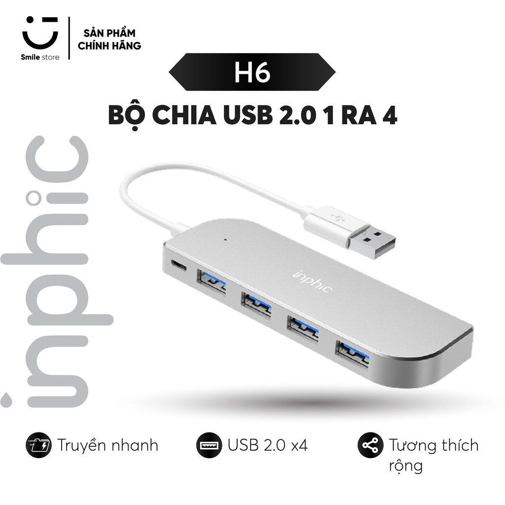 Bộ Chia USB 4 Cổng 2.0 HUB USB INPHIC H6 Hỗ Trợ Cho Tất Cả Các Dòng Máy Tính Để Mở Rộng Thêm Cổng USB - Hàng Chính Hãng