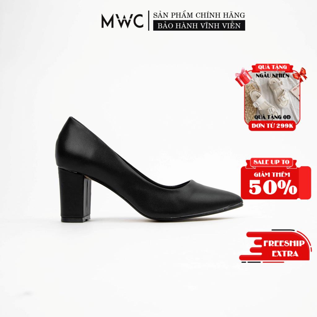 Giày Cao Gót MWC Đế Trụ Mũi Nhọn Màu Đen Kem NUCG- 3751