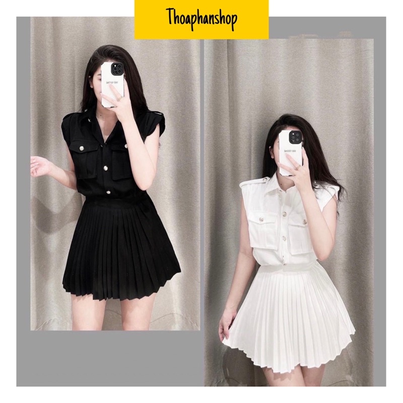 SET ÁO SÁT NÁCH CROPTOP TÚI NẮP + CHÂN VÁY XẾP LI HAI MÀU[kèm ảnh thật]