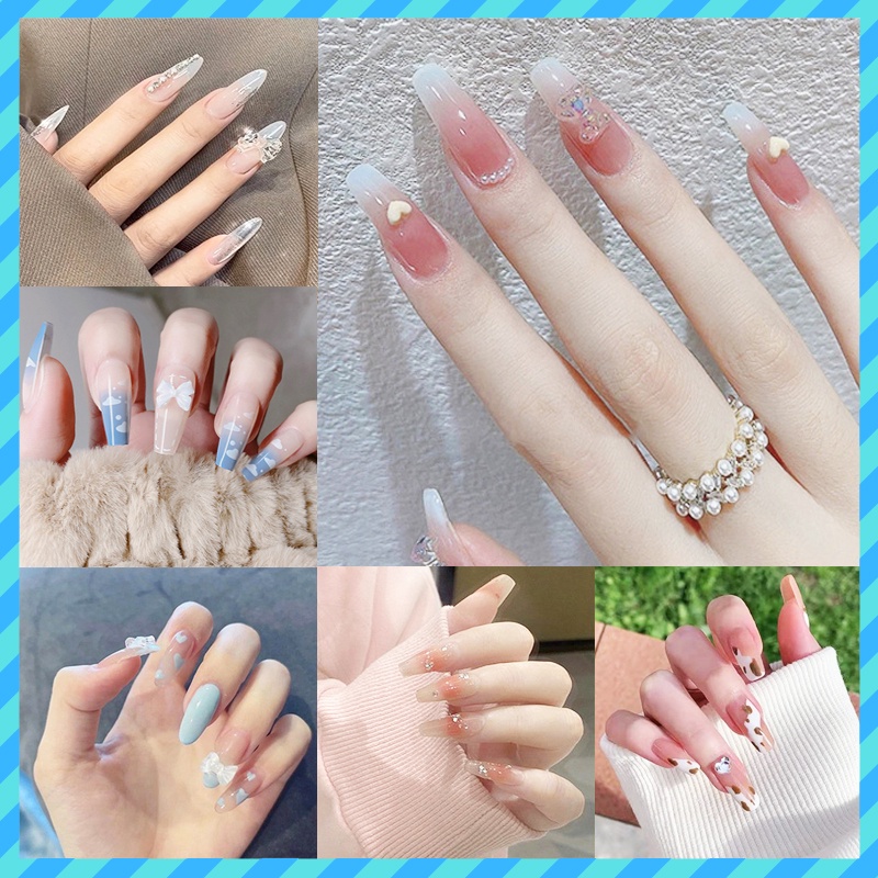 móng tay giả đính đá mẫu mới móng giả đính đá nơ hot trend kèm miếng keo silicon