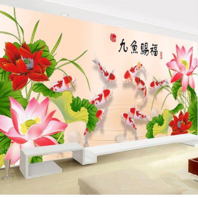 Tranh thêu chữ thập thêu kín cửu ngư quần hội hh0864( 150x68)