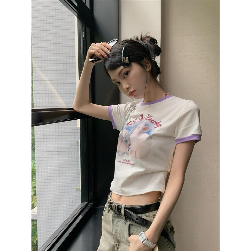 Áo Thun Cộc Tay In Hình Thỏ Dễ Thương Màu Tương Phản Thời Trang Cho Nữ 62650