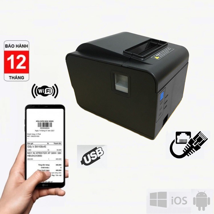 Máy in hóa đơn, in bill Xprinter Q200W( USB + LAN WIFI) in từ máy tính và điện thoại