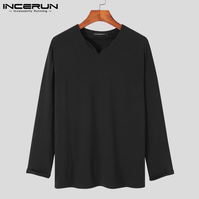 Áo INCERUN dài tay cổ chữ V màu trơn thời trang mùa xuân dành cho nam có 4 màu tùy chọn
