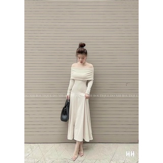 váy len xoè trễ ngang vai màu be