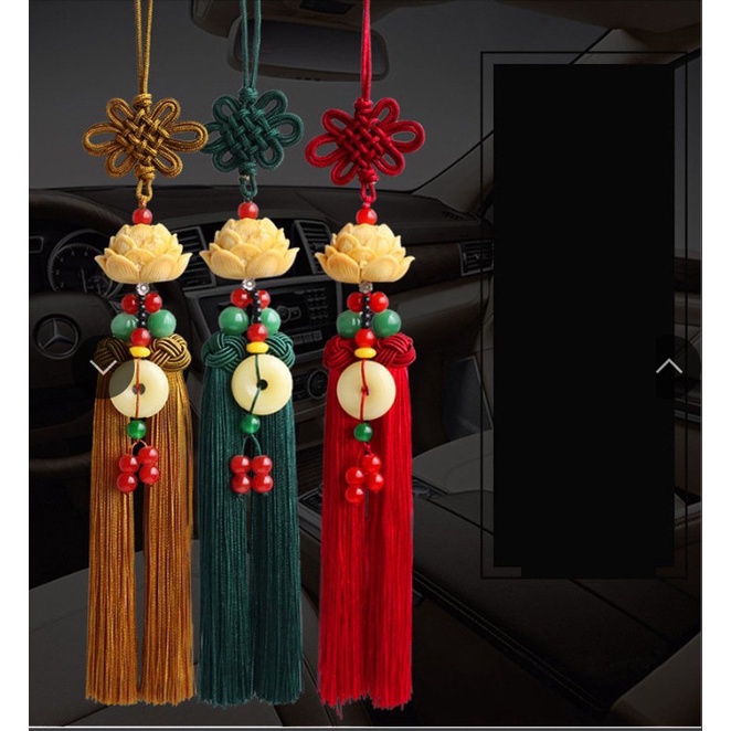 Dây treo xe ô tô hình hoa sen gắn đồng điếu may mắn, ngọc bội đeo rang trí gương xe hơi