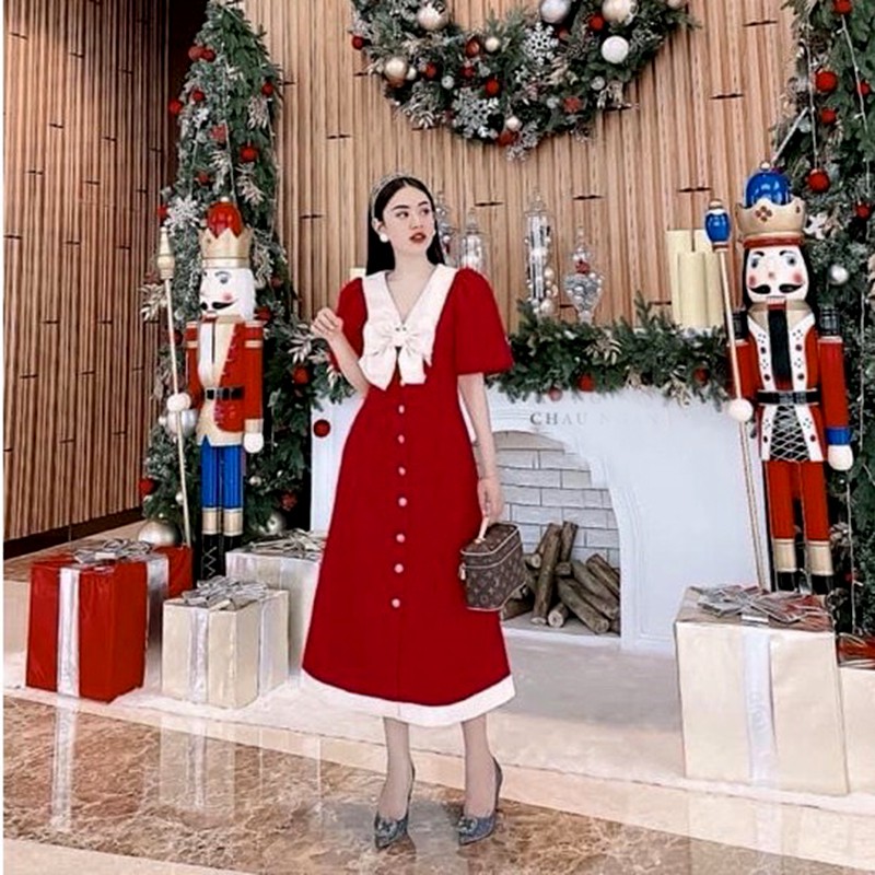 Váy đầm nữ công sở thiết kế dáng dài, mẫu váy đầm xòe nhẹ chữ A cổ nơ mới lạ, ngắn tay, 2 màu đỏ đen - L047 | BigBuy360 - bigbuy360.vn