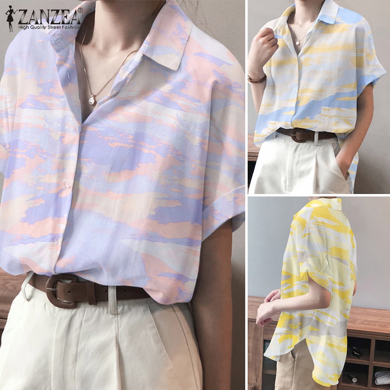 Áo sơ mi ZANZEA tay ngắn phong cách Hàn Quốc trẻ trung năng động dành cho nữ