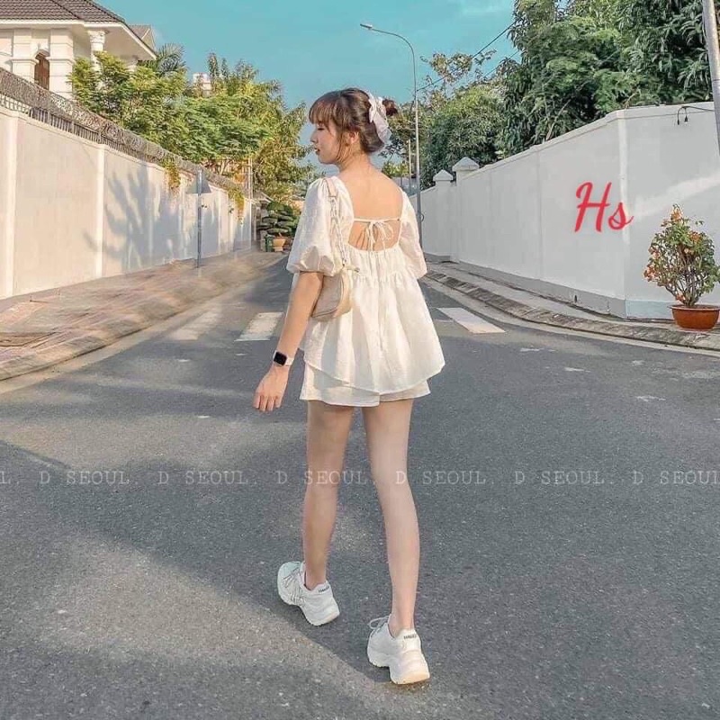 Bộ baby doll đũi cổ vuông dây lưng HS6