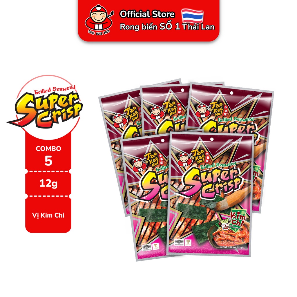 [Combo tiết kiệm] Combo 5 gói Rong biển TaoKaeNoi SUPER CRISP vị Kim Chi 12g (5 gói)