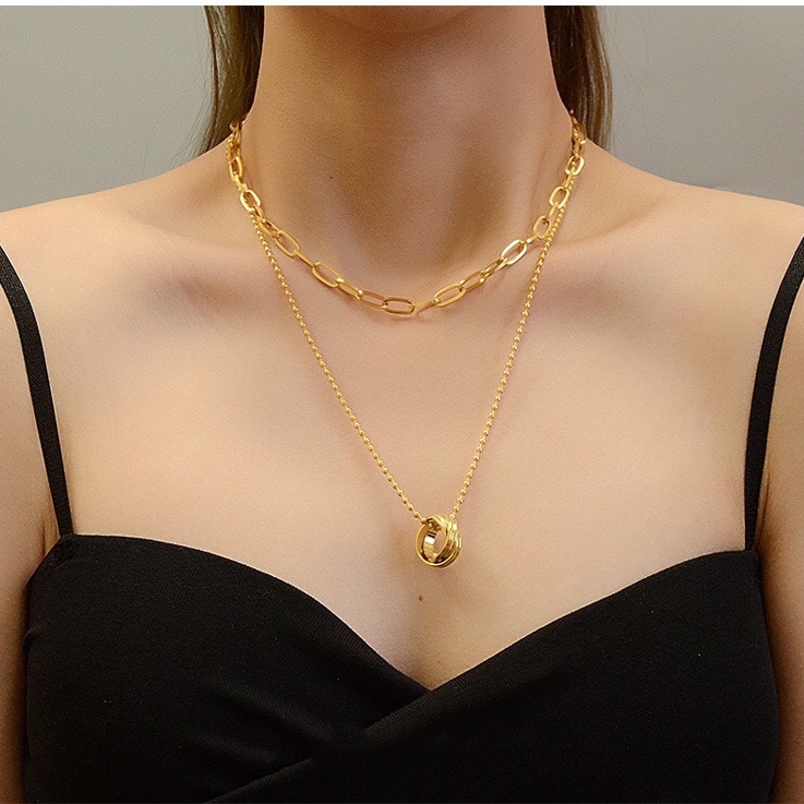 Dây chuyền hai lớp bằng thép titan mạ vàng hồng 18k thời trang độc đáo