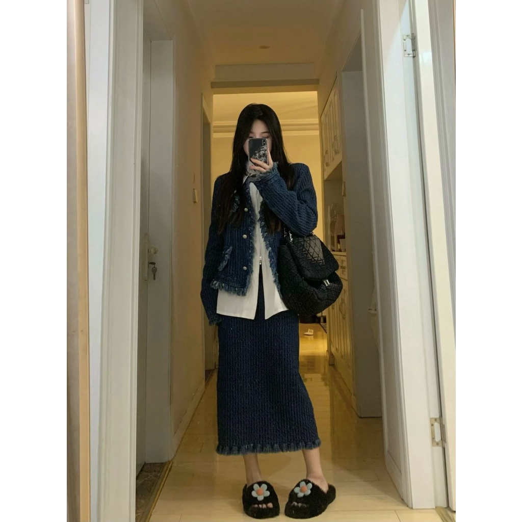 Áo khoác denim Xiaoxiangfeng với vành suông phong cách retro