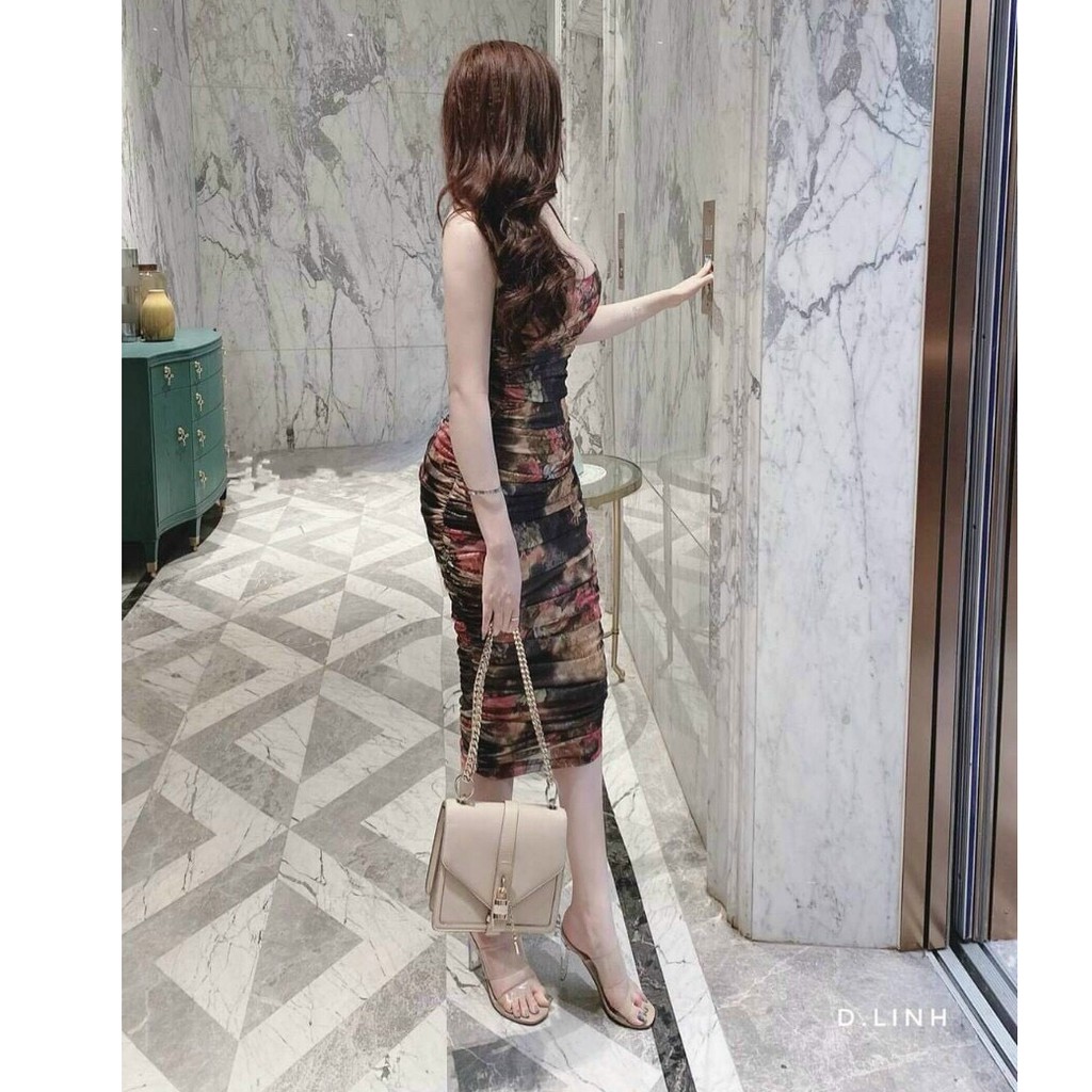 Đầm Body Họa Tiết 2 Dây Xếp Ly ,Có Mút Ngực,Màu Sắc Nhã Nhặn Thật Sự Phù Hợp Để Tới Công Sở, Đi Làm Hoặc Đi Chơi