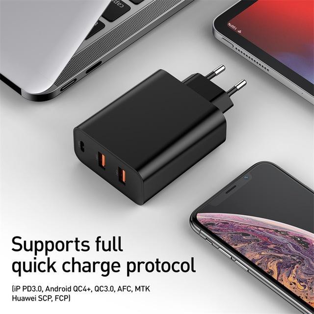 Củ Sạc Siêu Nhanh Baseus Công Xuất 60W Sạc Nhanh Quick Charge 4.0 3.0 2 Cổng USB Cho Iphone Xiaomi Samsung Huawei