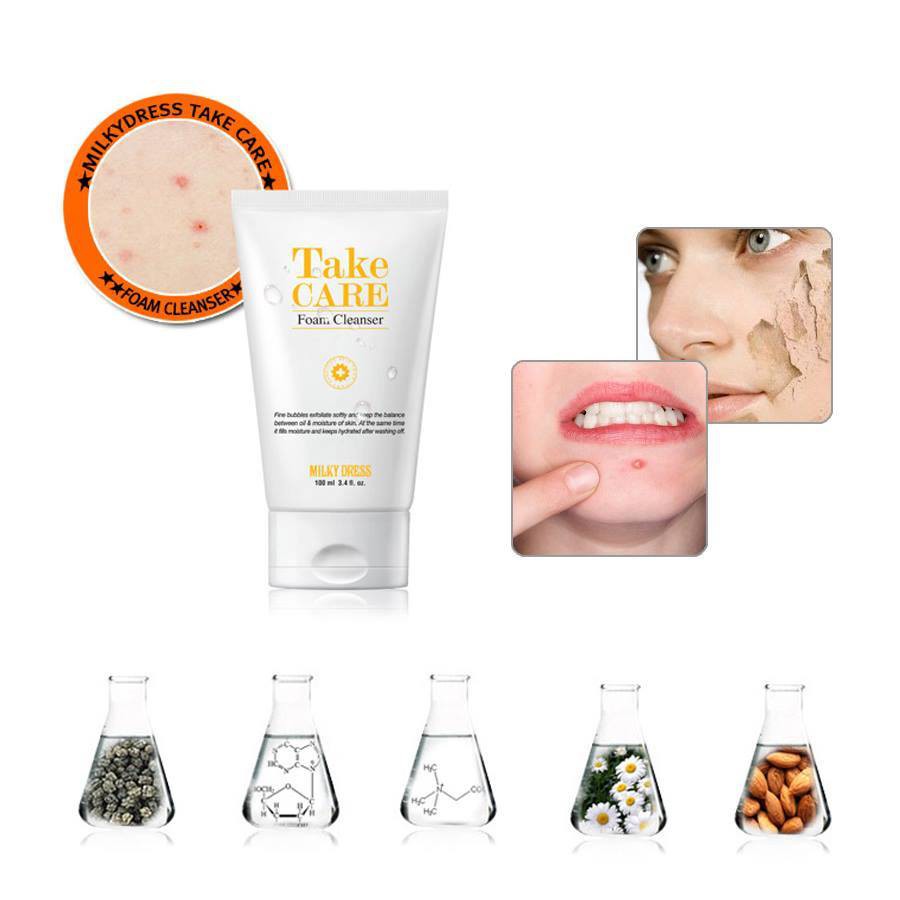 Sữa rửa mặt cho da mụn, mụn viêm, sưng tấy, giúp kiềm dầu, giảm mụn Milky Dress Take Care Foam Cleanser LOVESKINCARE VN