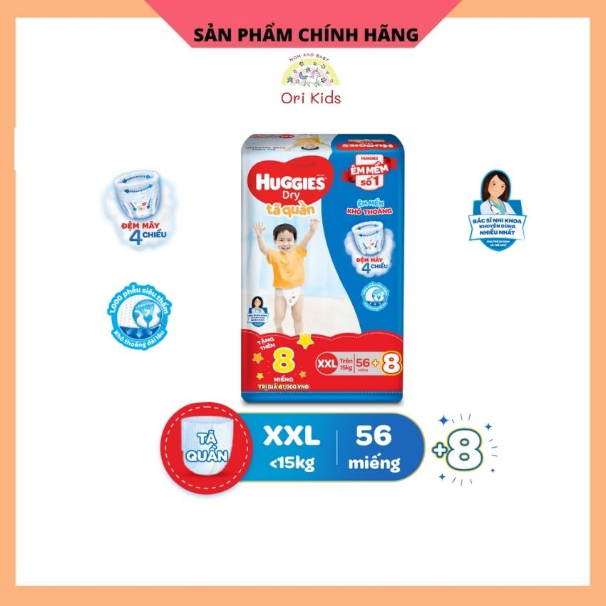 Tã quần HUGGIES DRY PANTS SUPER JUMBO XXL - Gói 56 miếng + Tặng 8 miếng, Gói 30 miếng tặng 4 miếng