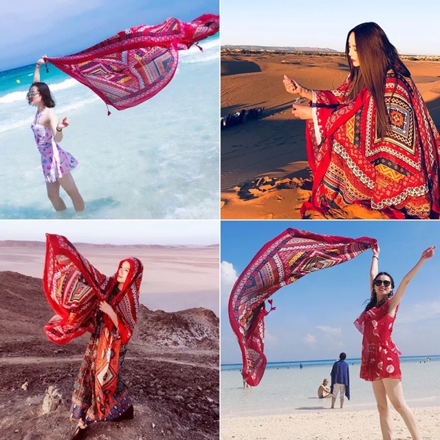 Khăn choàng du lịch khăn choàng in hoạ tiết thổ cẩm linen