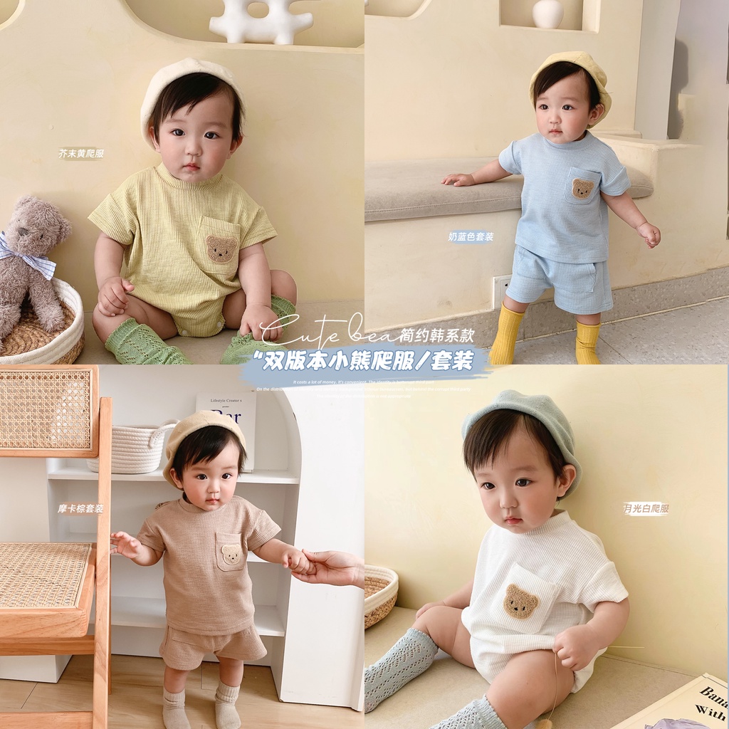 Bộ Áo Liền Quần Tay Ngắn Chất Liệu Cotton Mềm Thêu Hình Chú Gấu Dễ Thương Cho Bé Trai + Gái