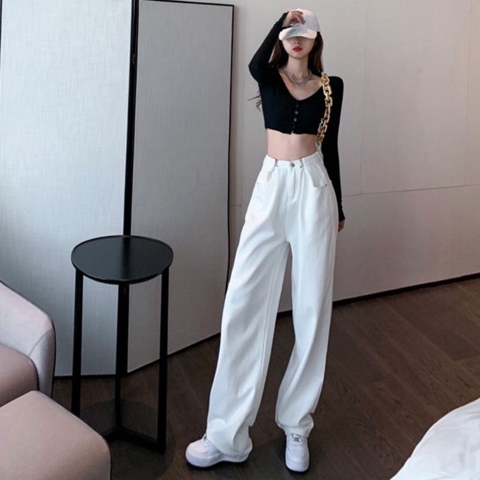Quần Jeans Nữ Baggy Ống Rộng,Quần Baggy Jeans Nữ ống suông lưng cao phối móc xích (Chất Bao Đẹp)