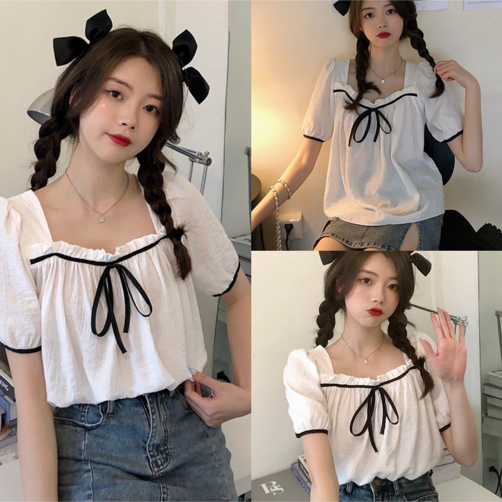 [VIDEO ẢNH THẬT] ÁO BABYDOLL TRẮNG THẮT NƠ ĐEN HÀN QUỐC