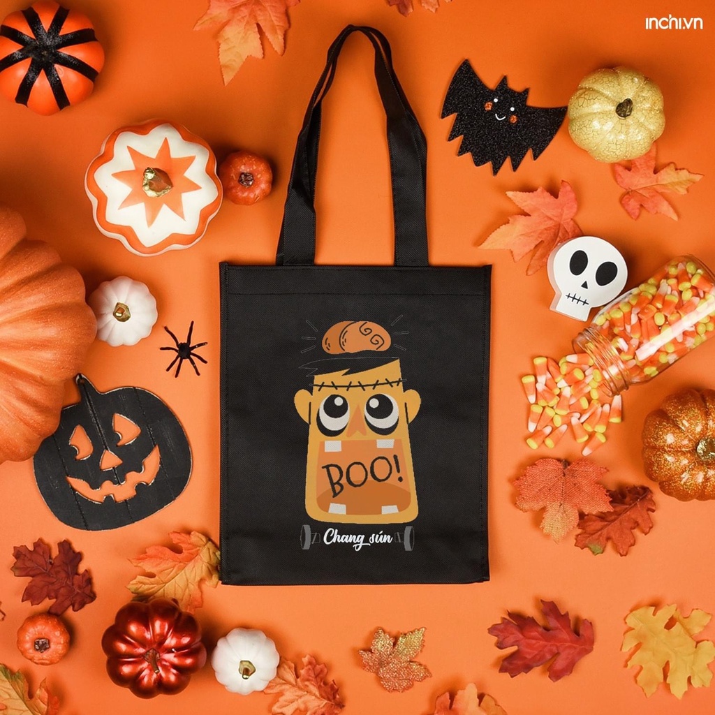 ( Có in theo yêu cầu, sll) Túi Tote Đen Khóa Vải Canvas In Họa Tiết Halloween Độc Đáo Thú Vị Có Túi Con