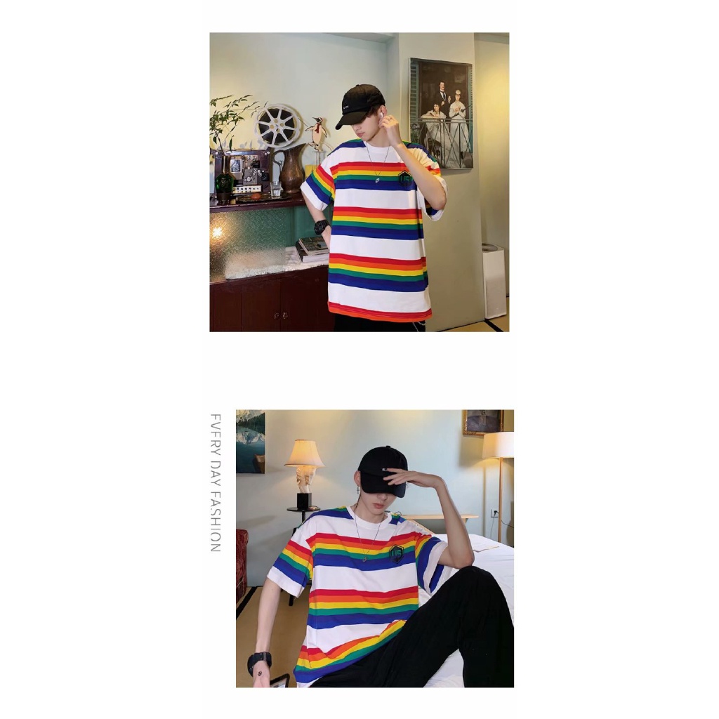 Áo thun tay ngắn dáng rộng họa tiết sọc màu cầu vồng phong cách thời trang Hàn Quốc 2019 dành cho nam