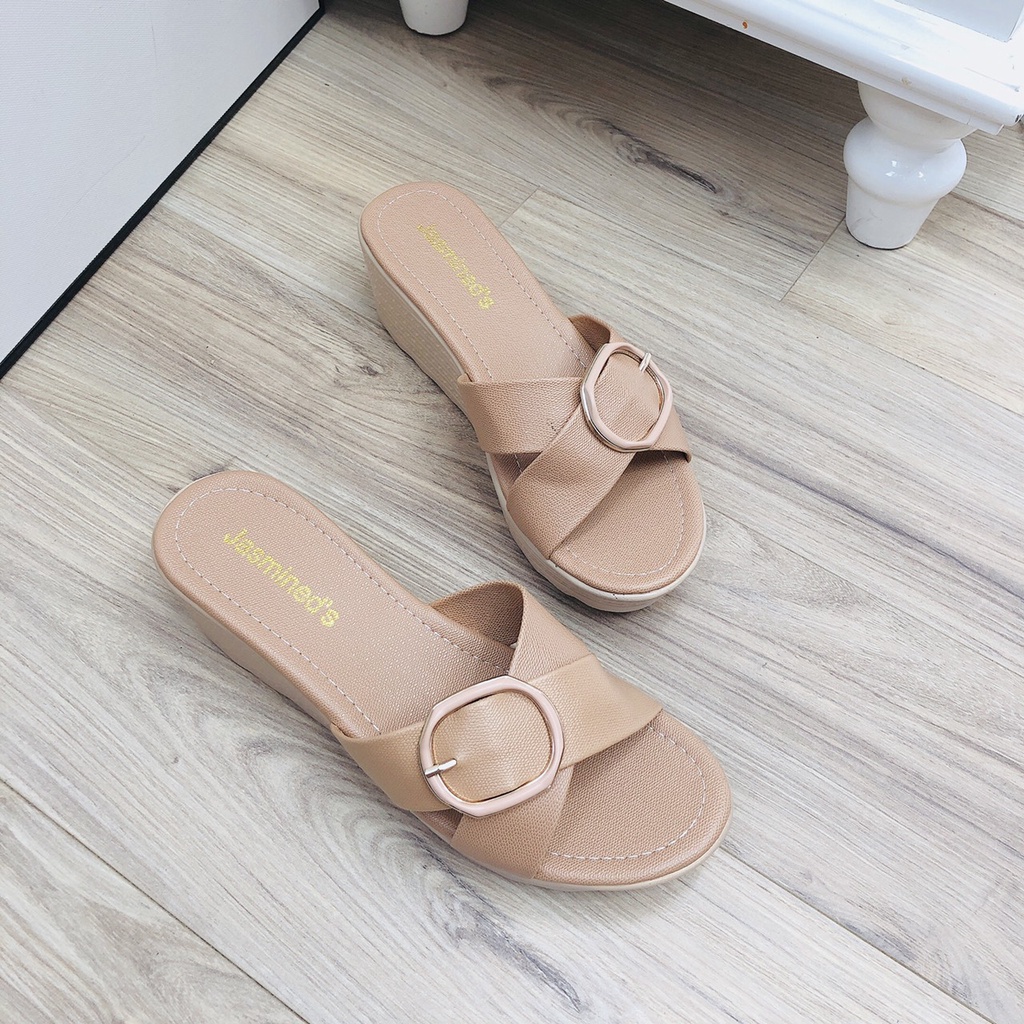 Sandal Nữ Cao Gót Cao Cấp Đế Xuồng CHIMOKA Đế Cao 5 Phân Thiết Kế Quai Nơ Chéo Họa Tiết Khóa Hai Màu Đen Kem 4333