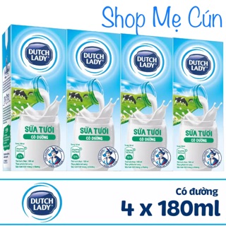 Lốc 4 hộp sữa tươi Cô gái Hà Lan Dutch Lady (có đường) 180ml x 4