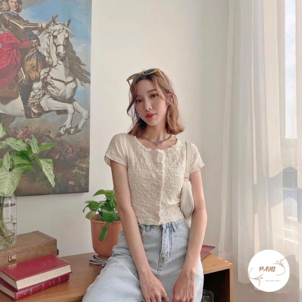 Áo cộc tay nữ phối cúc chất xốp nhăn, Áo thun nữ dáng ôm body tay ngắn chất co giãn cực mát,xinh xắn | BigBuy360 - bigbuy360.vn