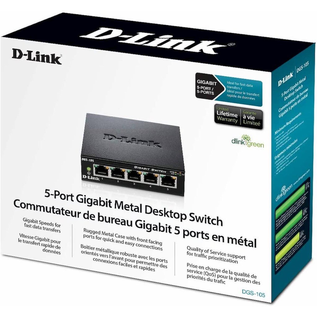 D-Link Gigabit Vỏ thép Bộ chia mạng Switch 5 cổng RJ45 Tăng tốc máy chủ - Thiết bị chuyển mạch D-LINK DGS-105